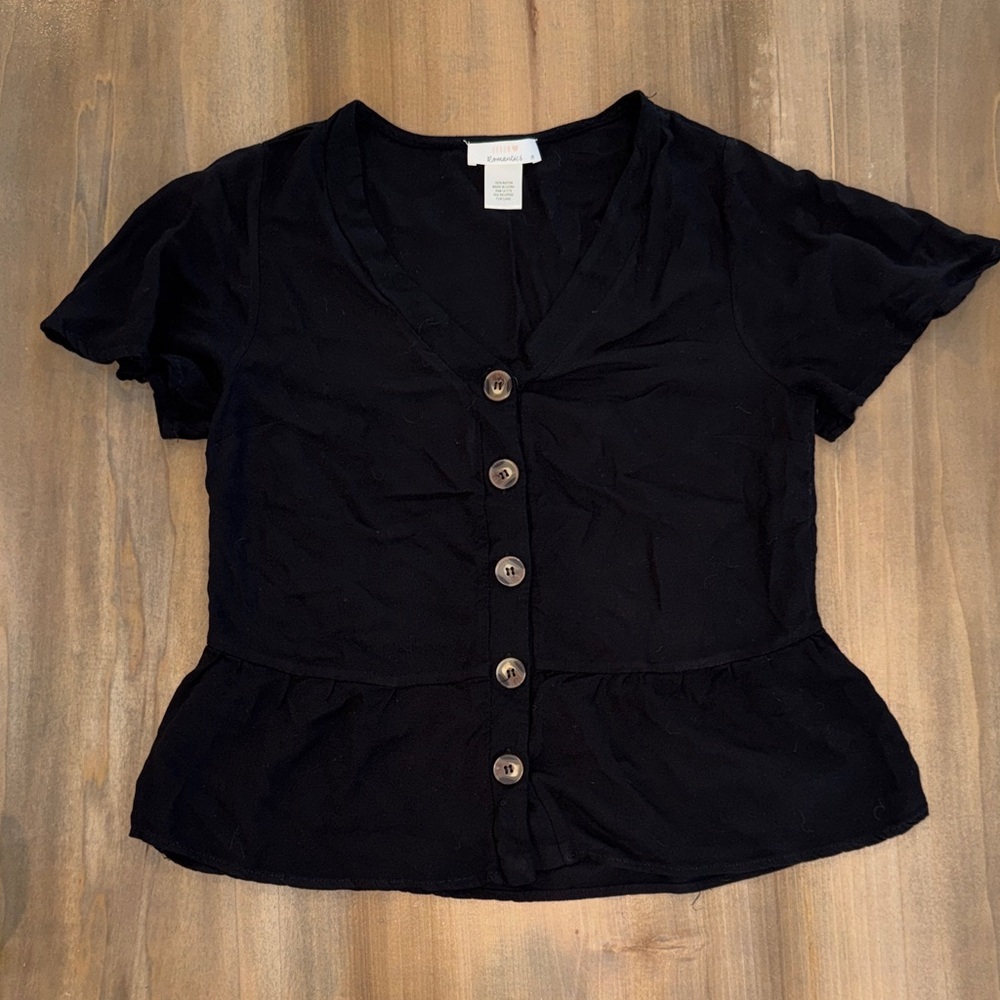 Urban Romantics Black Button Down Top Short Sleeve Minimalist Chic Blouse NWOT